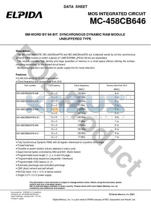 MC-458CB646 datasheet - 8M-WORD BY 64-BIT SYNCHRONOUS DYNAMIC RAM MODULE UNBUFFERED TYPE