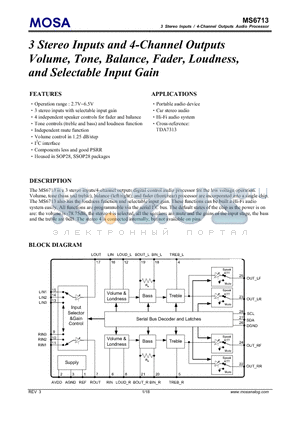 MS6713_1 datasheet - 3 Stereo Inputs and 4-Channel Outputs Volume, Tone, Balance, Fader, Loudness, and Selectable Input Gain