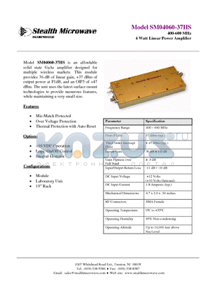 SM04060-37HS datasheet - 400-600 MHz 4 Watt Linear Power Amplifier