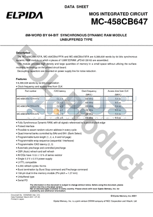 MC-458CB647 datasheet - 8M-WORD BY 64-BIT SYNCHRONOUS DYNAMIC RAM MODULE UNBUFFERED TYPE