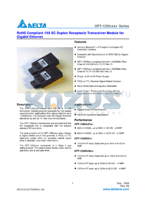 OPT-1250A1I2RB datasheet - RoHS Compliant 1X9 SC Duplex Receptacle Transceiver Module for Gigabit Ethernet