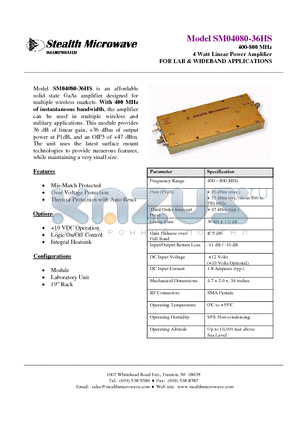 SM04080-36HS datasheet - 400-800 MHz 4 Watt Linear Power Amplifier