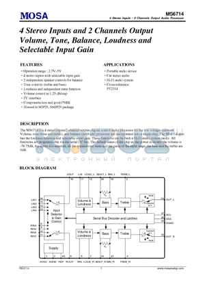 MS6714GTR datasheet - 4 Stereo Inputs and 2 Channels Output Volume, Tone, Balance, Loudness and Selectable Input Gain