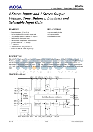 MS6714GU datasheet - 4 Stereo Inputs and 1 Stereo Output Volume, Tone, Balance, Loudness and Selectable Input Gain