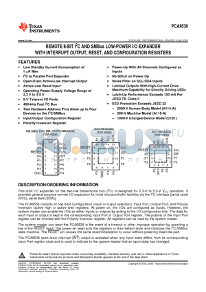 PCA9538DW datasheet - REMOTE 8-BIT I2C AND SMBus LOW-POWER I/O EXPANDER WITH INTERRUPT OUTPUT, RESET, AND CONFIGURATION REGISTERS