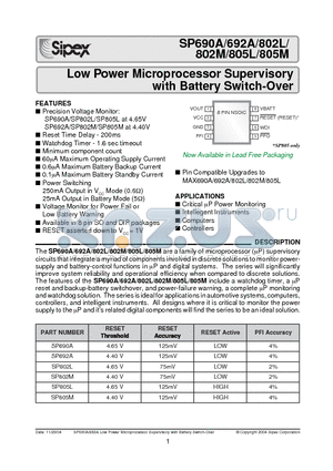 SP690ACN datasheet - Low Power Microprocessor Supervisory with Battery Switch-Over