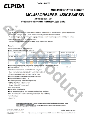 MC-458CB64ESB datasheet - 8M-WORD BY 64-BIT SYNCHRONOUS DYNAMIC RAM MODULE (SO DIMM)