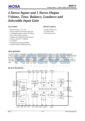 MS6714SSGTR datasheet - 4 Stereo Inputs and 1 Stereo Output Volume, Tone, Balance, Loudness and Selectable Input Gain