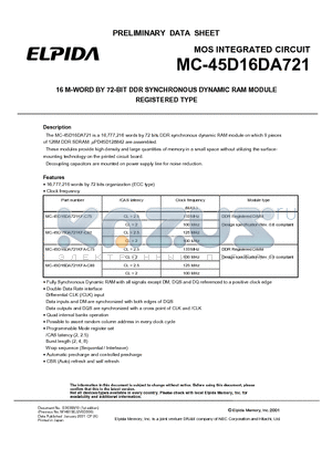 MC-45D16DA721 datasheet - 16 M-WORD BY 72-BIT DDR SYNCHRONOUS DYNAMIC RAM MODULE REGISTERED TYPE