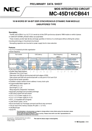 MC-45D16CB641KF-C80 datasheet - 16 M-WORD BY 64-BIT DDR SYNCHRONOUS DYNAMIC RAM MODULE UNBUFFERED TYPE