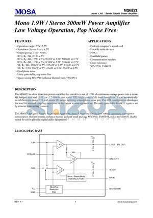 MS6853MGTR datasheet - Mono 1.9W / Stereo 300mW Power Amplifier Low Voltage Operation, Pop Noise Free