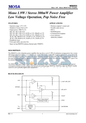 MS6853MGU datasheet - Mono 1.9W / Stereo 300mW Power Amplifier Low Voltage Operation, Pop Noise Free