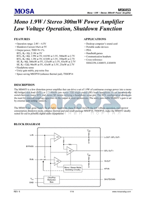 MS6853MGU datasheet - Mono 1.9W / Stereo 300mW Power Amplifier Low Voltage Operation, Shutdown Function