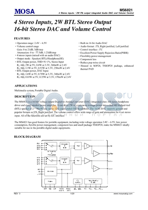 MS6821 datasheet - 4 Stereo Inputs, 2W BTL Stereo Output 16-bit Stereo DAC and Volume Control