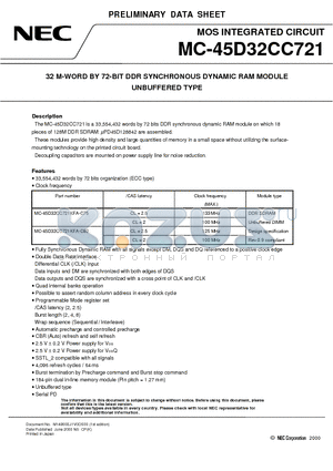 MC-45D32CC721 datasheet - 32 M-WORD BY 72-BIT DDR SYNCHRONOUS DYNAMIC RAM MODULE UNBUFFERED TYPE