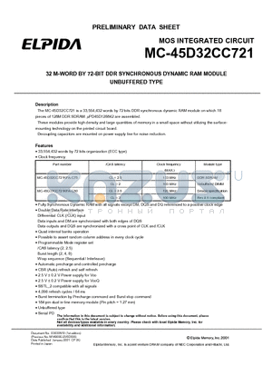 MC-45D32CC721 datasheet - 32 M-WORD BY 72-BIT DDR SYNCHRONOUS DYNAMIC RAM MODULE UNBUFFERED TYPE