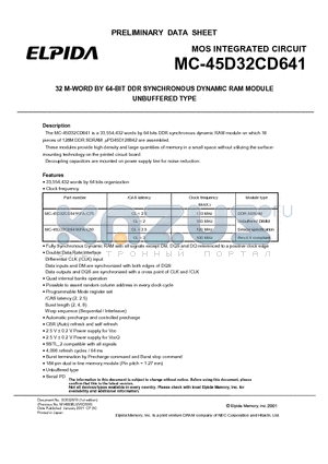 MC-45D32CD641KFA-C80 datasheet - 32 M-WORD BY 64-BIT DDR SYNCHRONOUS DYNAMIC RAM MODULE UNBUFFERED TYPE