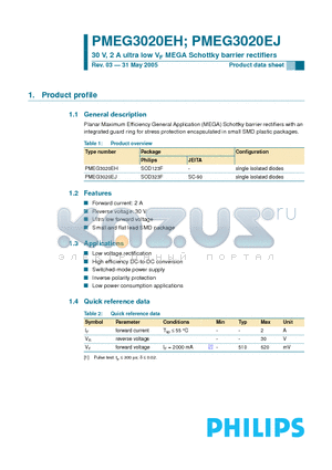 PMEG3020EJ datasheet - 30 V, 2 A ultra low VF MEGA Schottky barrier rectifiers