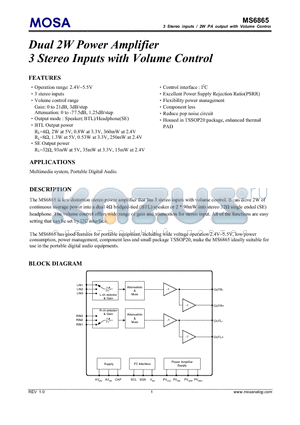 MS6865 datasheet - Dual 2W Power Amplifier 3 Stereo Inputs with Volume Control