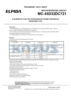 MC-45D32DC721KFA-C80 datasheet - 32 M-WORD BY 72-BIT DDR SYNCHRONOUS DYNAMIC RAM MODULE REGISTERED TYPE