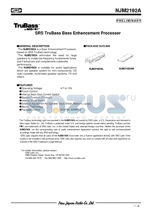 NJM2192A datasheet - SRS TruBass Bass Enhancement Processor
