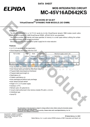 MC-45V16AD642KS datasheet - 16M-WORD BY 64-BIT VirtualChannelTM DYNAMIC RAM MODULE (SO DIMM)