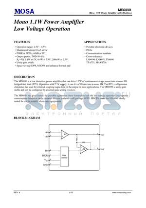 MS6890GU datasheet - Mono 1.1W Power Amplifier Low Voltage Operation
