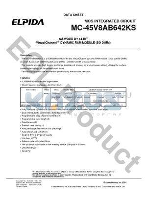 MC-45V8AB642KS-A75 datasheet - 8M-WORD BY 64-BIT VirtualChannelTM DYNAMIC RAM MODULE (SO DIMM)