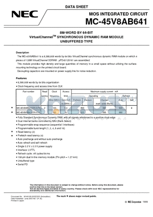 MC-45V8AB641 datasheet - 8M-WORD BY 64-BIT VirtualChannel SYNCHRONOUS DYNAMIC RAM MODULE UNBUFFERED TYPE