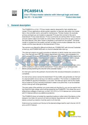 PCA9541A datasheet - 2-to-1 I2C-bus master selector with interrupt logic and reset