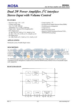 MS6864SSGTR datasheet - Dual 2W Power Amplifier, I2C interface Stereo Input with Volume Control