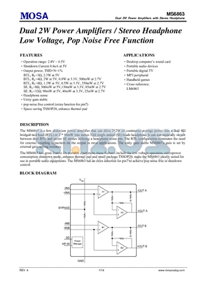 MS6863TGTR datasheet - Dual 2W Power Amplifiers / Stereo Headphone Low Voltage, Pop Noise Free Function