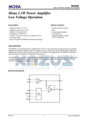 MS6890MGU datasheet - Mono 1.1W Power Amplifier Low Voltage Operation