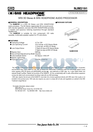 NJM2191M datasheet - SRS 3D Stereo & SRS HEADPHONE AUDIO PROCESSOR