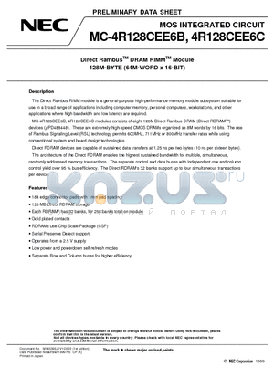 MC-4R128CEE6B-745 datasheet - Direct Rambus DRAM RIMM Module 128M-BYTE 64M-WORD x 16-BIT