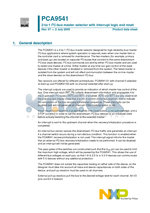 PCA9541BS/01 datasheet - 2-to-1 I2C-bus master selector with interrupt logic and reset