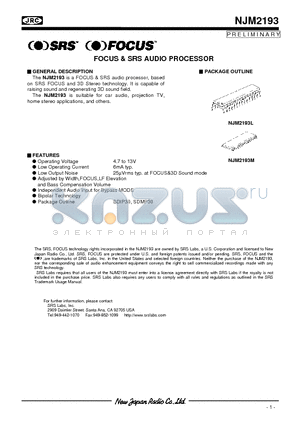 NJM2193L datasheet - FOCUS & SRS AUDIO PROCESSOR