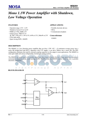 MS6891GU datasheet - Mono 1.1W Power Amplifier with Shutdown, Low Voltage Operation