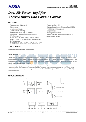 MS6865_1 datasheet - Dual 2W Power Amplifier 3 Stereo Inputs with Volume Control