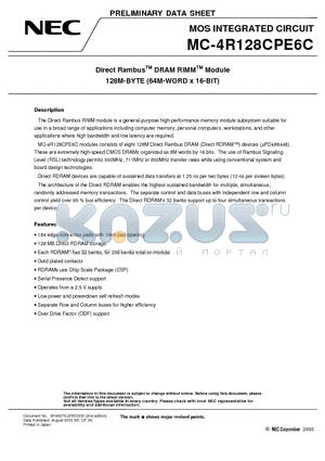 MC-4R128CPE6C datasheet - Direct Rambus DRAM RIMM Module 128M-BYTE 64M-WORD x 16-BIT