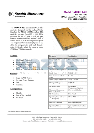 SM08010-42 datasheet - 800-1000 MHz 12 Watt Linear Power Amplifier