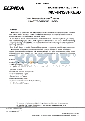 MC-4R128FKE6D-845 datasheet - Direct Rambus DRAM RIMM Module 128M-BYTE (64M-WORD x 16-BIT)