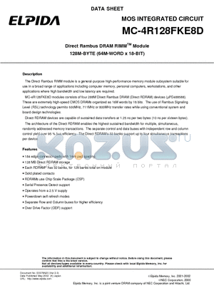 MC-4R128FKE8D-653 datasheet - Direct Rambus DRAM RIMM Module 128M-BYTE (64M-WORD x 18-BIT)