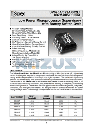 SP692A datasheet - Low Power Microprocessor Supervisory with Battery Switch-Over