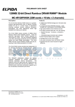 MC-4R128FKK6K-840 datasheet - 128MB 32-bit Direct Rambus DRAM RIMM  Module