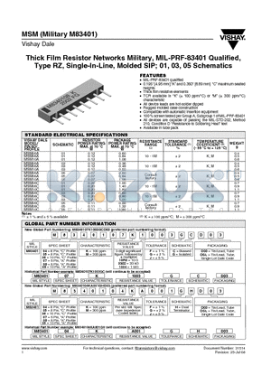 M8340104K1004JC datasheet - Thick Film Resistor Networks Military, MIL-PRF-83401 Qualified, Type RZ, Single-In-Line, Molded SIP; 01, 03, 05 Schematics