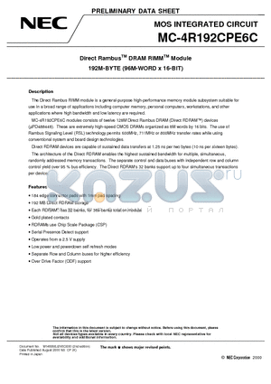 MC-4R192CPE6C datasheet - Direct Rambus DRAM RIMM Module 192M-BYTE 96M-WORD x 16-BIT