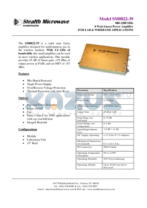 SM0822-39 datasheet - 800-2200 MHz 8 Watt Linear Power Amplifier