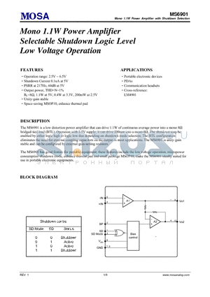 MS6901MGTR datasheet - Mono 1.1W Power Amplifier Selectable Shutdown Logic Level Low Voltage Operation
