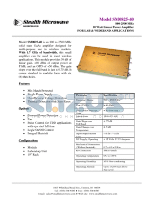 SM0825-40 datasheet - 800-2500 MHz 10 Watt Linear Power Amplifier